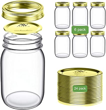 Mason Jars Regular Mouth16 OZ (6 Pack), ANEWSIR Canning Jars with Lids and Bands, Splite-Type, 24pcs Extra Lids - Gold