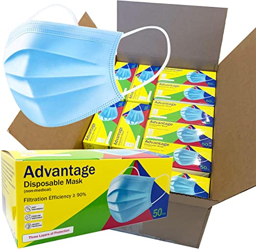 ADVANTAGE - 3-Ply Disposable Face Masks with Elastic Earloops - Available in 50 / 250 / 500 / 1000 / 2000 Packs
