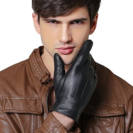 QGhappy Men Winter Warm Touchscreen Lambskin Driving Leather Gloves (Cashmere lining) - Black