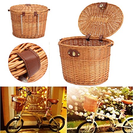 KINGSO Wicker Front Handlebar Bike Basket Bicycle Front Box with Lid and Handle