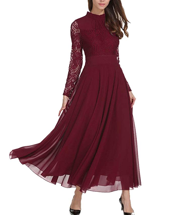 Aofur Women's Long Sleeve Chiffon Maxi Dresses Casual Floral Lace Evening Cocktail Party Long Dress