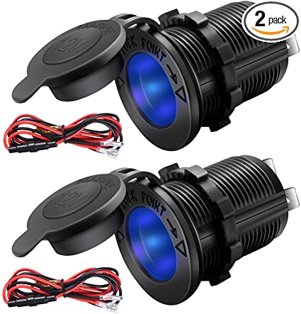 ZHSMS Universal 12V/24V Car Cigarette Lighter Socket Replacement with Blue LED for Car Marine Motorcycle ATV RV and More, Waterproof, Pack of 2