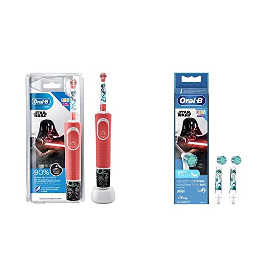 Oral-B Kids Electric Rechargeable Toothbrush Featuring Star Wars Characters & Oral-B Kids Electric Rechargeable Toothbrush Heads Replacement Refills Featuring Star Wars Characters (Pack of 2)