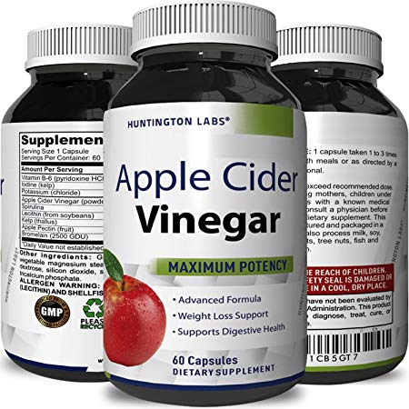 Apple Cider Vinegar Weight Loss Supplement with Kelp Vitamin B-6 Apple Pectin - Natural Detox Diet Pills Fat Burner Metabolism Booster - Pure Appetite Suppressant for Women and Men by Huntington Labs