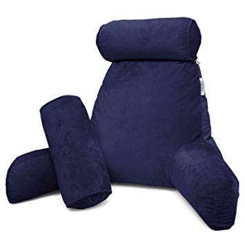Nestl Reading Pillow, Includes 1 Extra Large Bed Rest Pillow with Arms   2 Detachable Pillows - Premium Shredded Memory Foam TV Pillow, Neck Roll & Lumbar Support Pillow - Set of 3 - Navy Blue