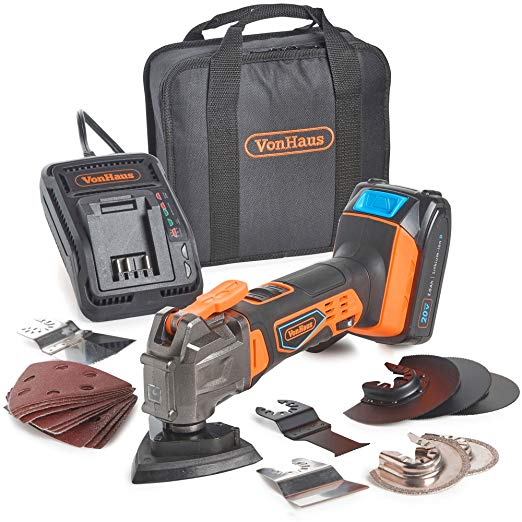 VonHaus 20V Max Multi-Tool – Cordless – Oscillating 3.2° – 1800 to 1800 OPM – Battery, Charger, Tool Bag & 20pc Accessory Set