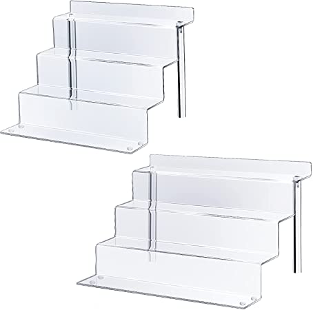 2 Pieces Tiered Acrylic Display Stands Clear Acrylic Riser Display Shelf 3 Steps Acrylic Riser Display Cases for Cabinet Countertops Table Decoration and Organizer