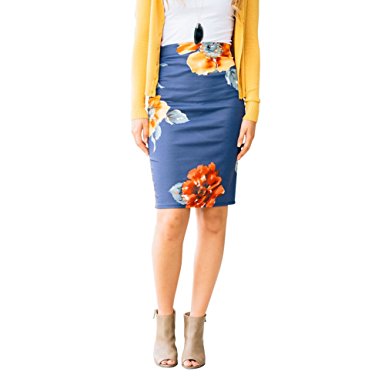 HUHHRRY Women's High Waist Floral Midi Pencil Skirt Vintage Office Wear Bodycon Skirt