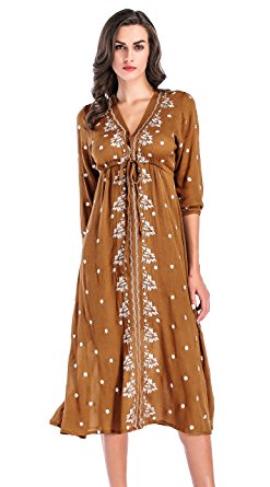 R.Vivimos Women Boho Floral Embroidered Casual Drawstring Tie Cotton Long Dresses