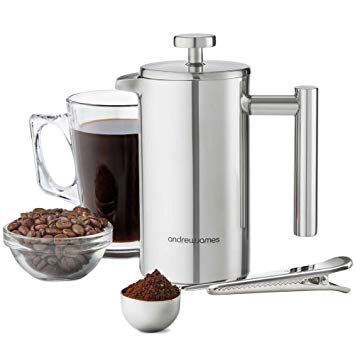 Andrew James Cafetiere Small French Coffee Press in Stainless Steel 350ml 3 Cup | Double Walled Insulation | Includes Measuring Spoon and Bag Sealing Clip