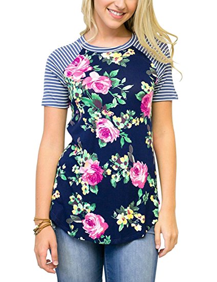 MEROKEETY Women's Floral Print Striped Tee Crew Neck Shirt Short Sleeve Tops With Pocket