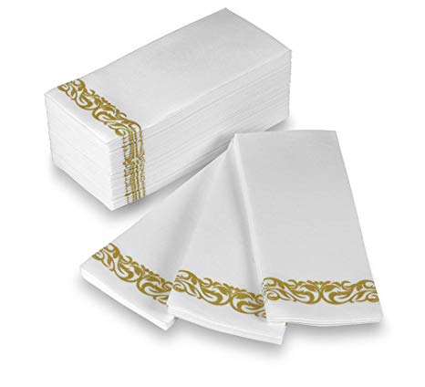 Disposable Hand Towels & Decorative Bathroom Napkins with Gold Floral Trim Perfect for Holidays, Dinners, Parties, Weddings, Catering Events, and Everyday Use (100 Pack)