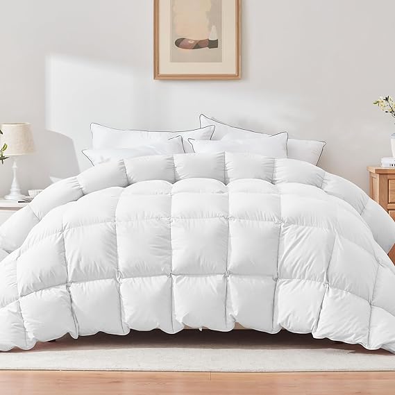 Cosybay Feather Down Comforter Oversized King Size -Luxurious Goose Down Duvet Insert-100% Cotton Cover with 8 Corner Tabs (120x98, Solid White)