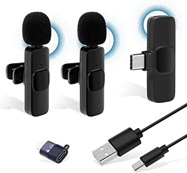 Wireless Lavalier Microphones Compatible with iPhone, Android, Plug-Play, Wireless Microphones with Noise Reduction, Auto-syncs, Lapel Microphone for TikTok, YouTube, Facebook Live Stream, Recording