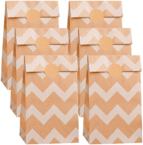 Cooraby 30 Pieces Mini Brown Waves Kraft Paper Bags Candy Treat Gift Wedding Birthday Party Bags with 36 Pieces Label Stickers for Party Favors