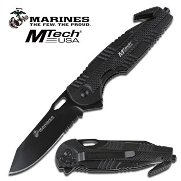 MTECH USA M-A1031BS US Marines Half Serrated Blade Spring Assisted Folder Knife, 4.75-Inch Closed Length, Black Aluminum Handle
