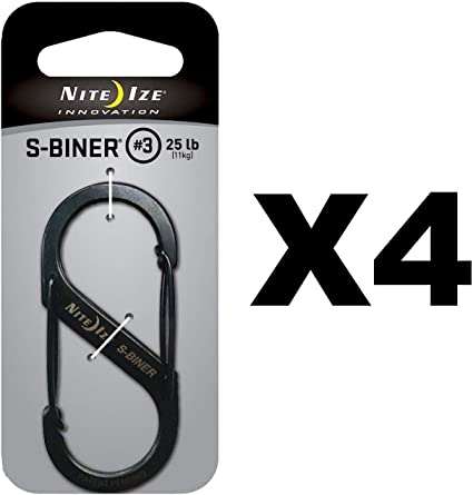 Nite Ize S-Biner Dual Carabiner Stainless Steel, Black, #3-Size, SB3-03-01 (4-Pack)