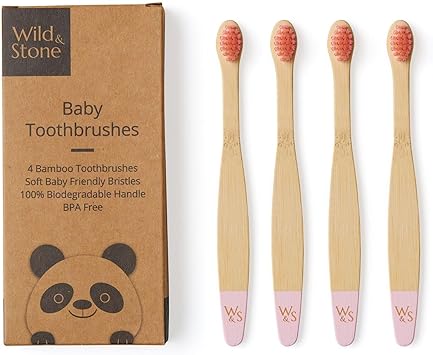 Wild & Stone Organic Baby Bamboo Toothbrushes | 4 Pack | Soft Bristles | 100% Compostable Handle | BPA Free | Vegan Baby Toothbrushes (Baby Pink)