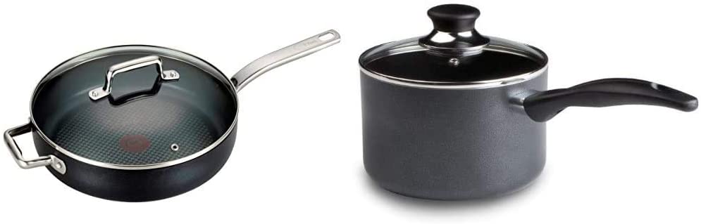 T-fal C51782 ProGrade Titanium Nonstick Thermo-Spot Dishwasher Safe PFOA Free with Induction Base Saute Pan Jumbo Cooker Cookware, 5-Quart, Black & Specialty 3 Quart Handy Pot w/ Glass Lid