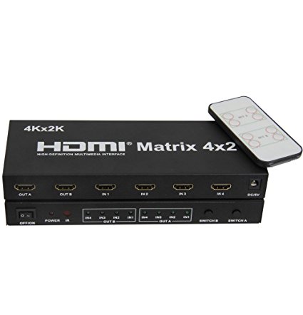 FARSTRIDER Premium HDMI Matrix 4x2, IR, Audio Out ( 3.5mm Stereo and SPDIF ), 4kx2k, 3D, 1.4b, 24K Gold Plated Connector - True HDMI Matrix, Splitter   Switch   Amplifier Switcher Metal Box Hub, 4x2, 4 In 2 Out, Support 1080P, 4Kx2k, 3D,1.4, 1.4b With IR Remote Control, 3.5mm Stereo For Headphones ( Analog ) and SPDIF ( Optical Or Toslink ) Audio Out Output For PS4 HDTV and So On