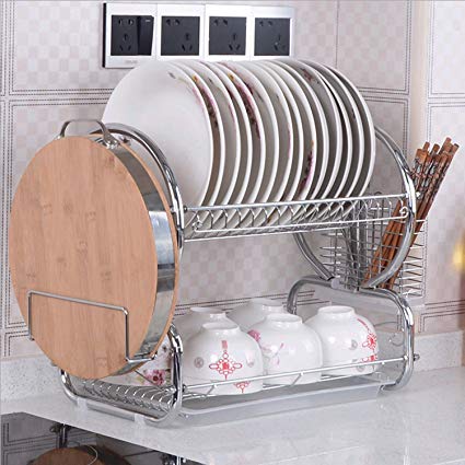 Hurbo 2 Tier Stainless Steel Dish Rack Basics Dish Plastic Drainer Dryer Tray Holder Organizer (Silver)
