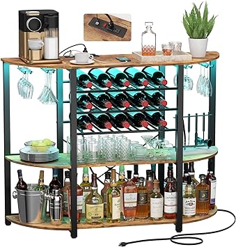 Lifewit Wine Rack Table, Liquor Bar Cabinet with Outlet and LED Light, Freestanding Floor Bar Table with Glass Holder and Wine Rack, Coffee Bar Stand for Home Kitchen Living Dining Room, Rustic Brown