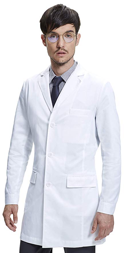 Dr. James Men's Consultation Lab Coat, Slim Fit, Multiple Pockets, White, 36 Inch Length