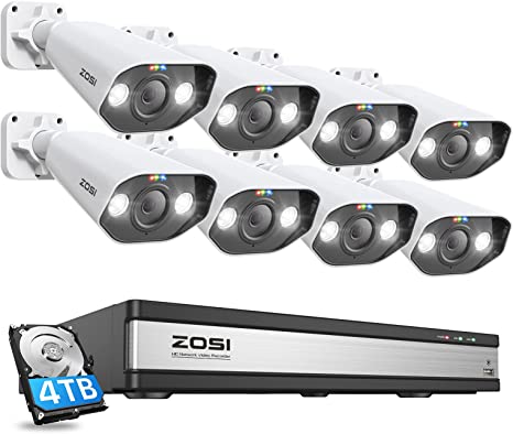 ZOSI 16CH 4K Home PoE Security Camera System with Two-Way Audio,H.265  8MP 16CH NVR with 4TB HDD for 24/7 Recording,8 x 5MP PoE IP Cameras Outdoor,Color Night Vision,Human Detection,Sound&Light Alarm