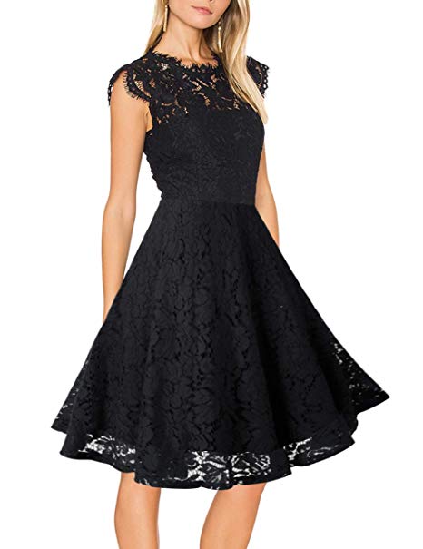 MEROKEETY Women's Sleeveless Lace Floral Elegant Cocktail Dress Crew Neck Knee Length Party