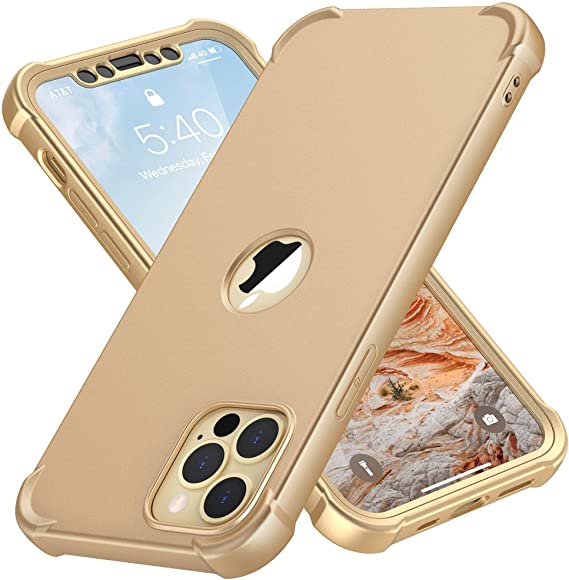 ORETech Full Body Case Compatible with iPhone 12 Pro Max with [2 x Tempered Glass Screen Protector] Shockproof Thin Anti Scratch Hard PC Soft Silicone Cover for iPhone 12 Pro Max Case Gold