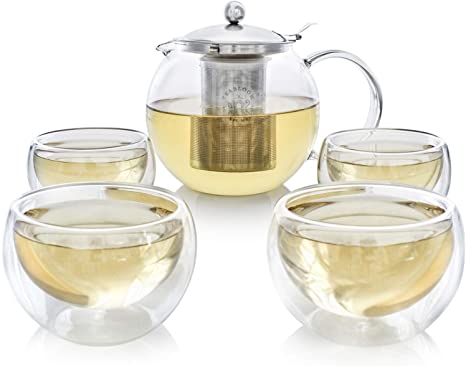 Teabloom Classica Tea Set - Stovetop Safe Glass Teapot (40 oz / 1200 ml) with Removable Stainless Steel Infuser - Includes 4 Insulated Double Wall Glass Cups (5 oz / 150 ml)