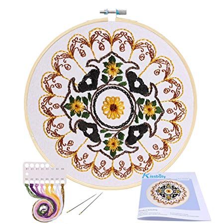 Full Range of Embroidery Starter Kit with Pattern, Kissbuty Cross Stitch Kit Including Stamped Embroidery Cloth with Floral Pattern, Bamboo Embroidery Hoop, Color Threads and Tools Kit (Yellow Flower)