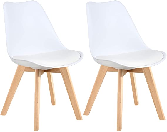 LSSBOUGHT Mid Century Modern Dining Chairs,Shell Lounge Plastic Side Chair with Soft Padded and Wooden Legs for Dining Room Living Room Bedroom Kitchen Set of 2 (White)