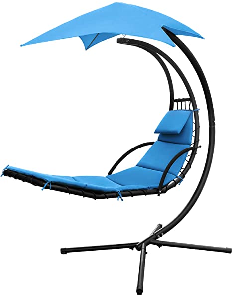 Greesum Hanging Curved Lounge Chaise Chair, Hammock Swing Chaise Chair, Floating Bed Furniture with Pillows, Canopy, Blue