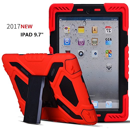 New iPad 9.7 inch 2017 Case, Bpowe Pepkoo Series Heavy Duty Cover Case Silicone Plastic Dual Layer Shock Proof Drop Proof Dust Proof Kids Proof With Kickstand For Apple New iPad 9.7 inch (red/black)