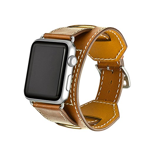 Elobeth with Apple Watch Band,iwatch Band Apple Watch Leather Band, iWatch Band Genuine Leather Band Cuff Bracelet Wrist Watch Band with Adapter for Apple Iwatch(38mm Browm)