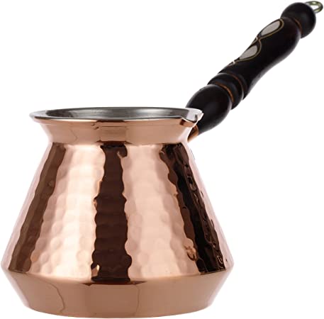 **Nouveau CopperBull épais en cuivre martelé Pot de café turc, grec arabe Ibrik Cezve Cafetière Briki Cafetière avec poignée en bois épais 2 mm-Taille XL - 15 ml