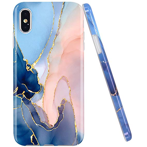 JAHOLAN Compatible iPhone X Case iPhone Xs Gold Glitter Sparkle Purple Marble Design Clear Bumper TPU Soft Rubber Silicone Cover Phone Case