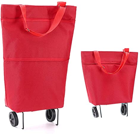 Reusable Grocery Bags with Wheels COCOCKA Foldable Shopping Bags Large Capacity Produce Bags for Grocery for Shopping,Fruits,Vegetables,Grocery Cart Waterproof interior（Red）