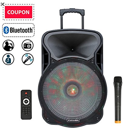 STARQUEEN 15" Portable Pa System Bluetooth Rechargeable Speaker with Wireless Microphone Remote Control and LED Party Lights, AUX/USB/TF Input, FM Radio, Handle & Wheels & Hole for Speaker Stand