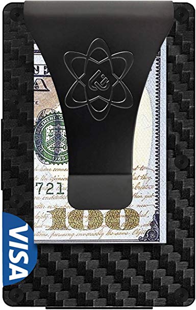 Carbon Fiber RFID Wallet - Minimalist Credit Card Holder - Slim Rigid Front Pocket With Cash Strap, Money Clip and Multitool