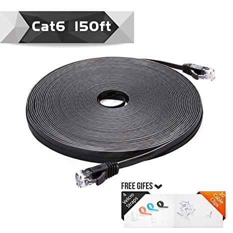 Cat 6 Ethernet Cable Black 150ft (at a Cat5e Price but Higher Bandwidth) Flat Internet Network Cable - Cat6 Ethernet Patch Cable Short - Computer Cable With Snagless RJ45 Connectors