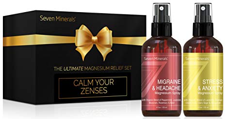 Calm Your Zenses Gift Pack by Seven Minerals - Gifts Set with Two Soothing Magnesium Oil Sprays: Stress & Anxiety   Migraine & Headache. Pure Magnesium Chloride with USDA Organic Essential Oils.