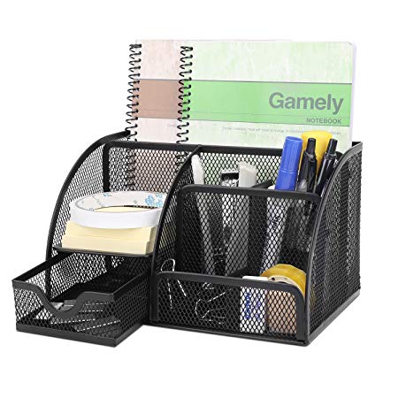 Flexzion Desk Organizer Office Supplies Accessories Desktop Tabletop Sorter Shelf Pencil Holder Caddy Set - Metal Mesh with Drawer and 6 Compartments (Black)