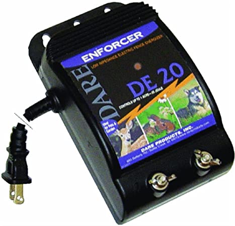 Dare Products Enforcer DE20 Ultra Low Impedance 110V Plug-In Electric Fence Energizer For Dogs and Garden Animals, Controls Upto 1 Acre Of Clear Fence, 0.05 Joules Output, Black