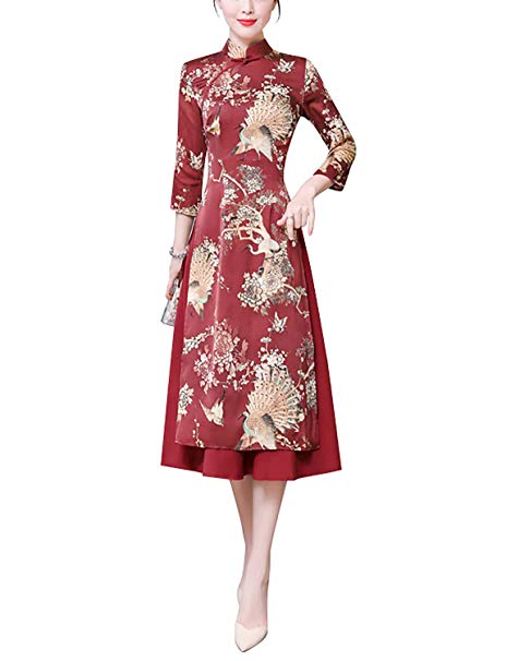 HÖTER Women's Slim Printed High Split Traditional Vintage 3/4 Sleeve Plus Size Qipao Cheongsam Dress