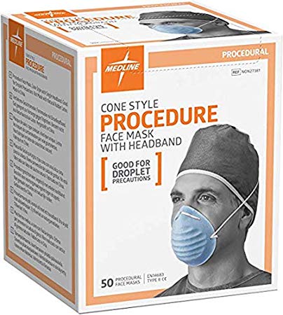 CONE Mask, Procedural Mask, Surgical Mask, Fluid Resistant, Elastic Headband, 50 Masks