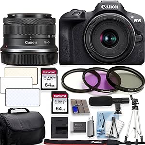 Canon EOS R100 4K Video Recording Mirrorless Camera with 18-45mm   50” Tripod Shoulder Bag 2 X 64GB Fast Memory   Deluxe Accessory Bundle (Renewed)