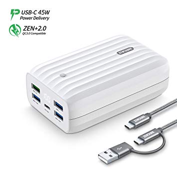 5 Ports USB-C Hub Portable Charger 20000mAh, Zendure X6 45W PD&QC 3.0 Power Bank (LED Display, UPS Continuous Power, Low Power Mode) Compatible Macbook, iPhone, Smartwatches, More – White