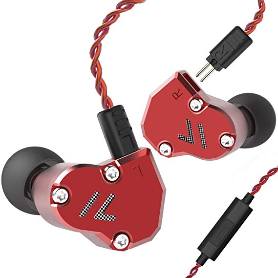 RevoNext QT2S in-Ear Headphones, Noise Isolating Wired Headphones Triple Driver in Ear Earbuds Banlanced Armature with Dynamic Metal Shell HiFi Bass Headphones (Red mic)